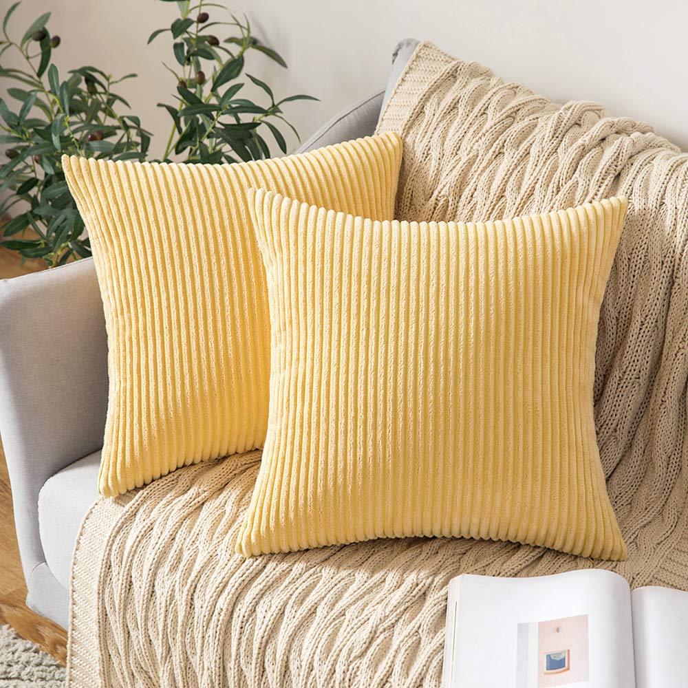 MIULEE Bright Yellow Throw Pillow Covers Corduroy Soft Soild Decorative Square Cushion Covers 2 Pack.