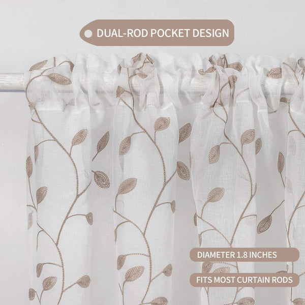 MIULEE Brown Kitchen Window Curtain Valance Embroidered Semi Sheer Small Windows Rod Pocket Panels for Basement 1 Panel