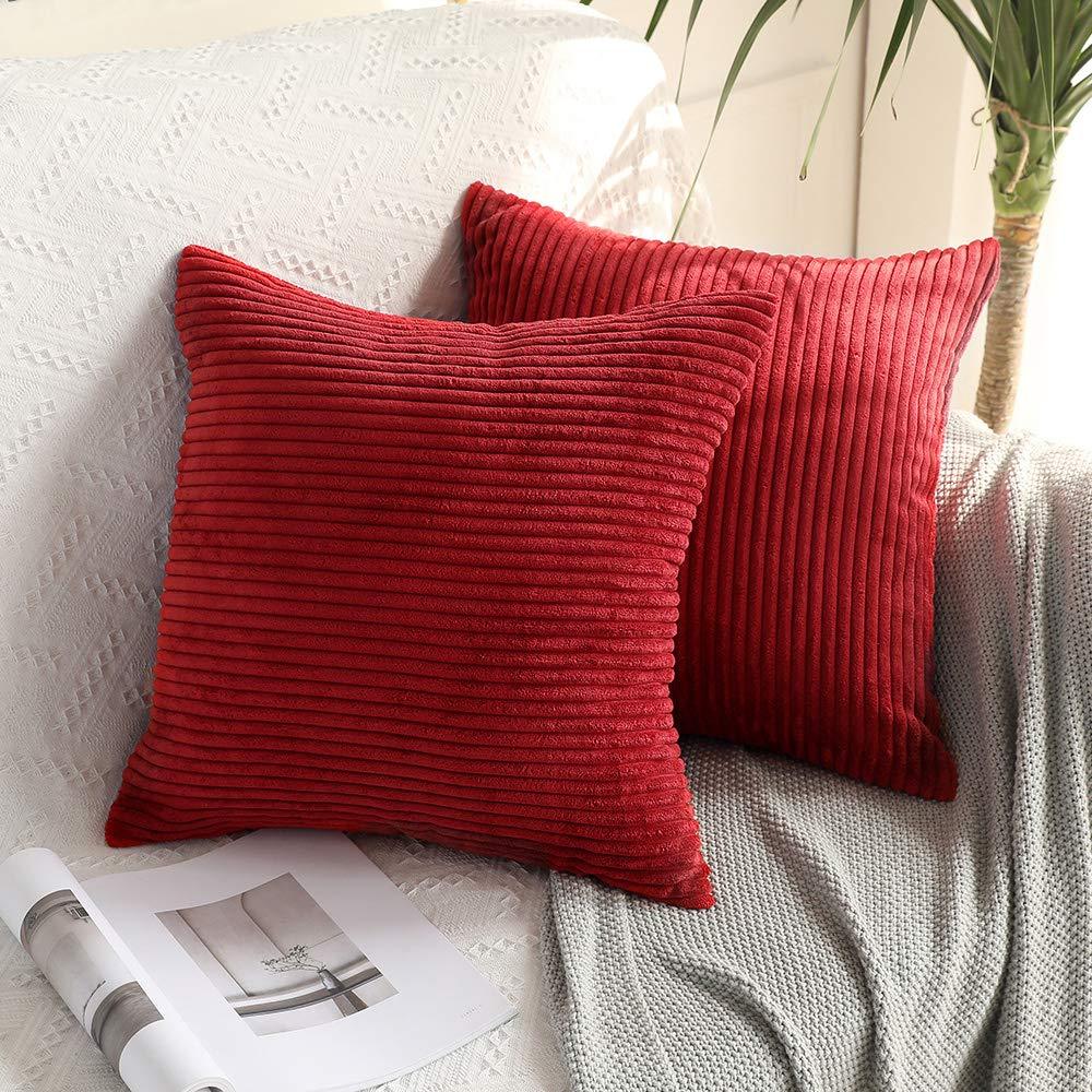 MIULEE Burgundy Throw Pillow Covers Corduroy Soft Soild Decorative Square Cushion Covers 2 Pack.