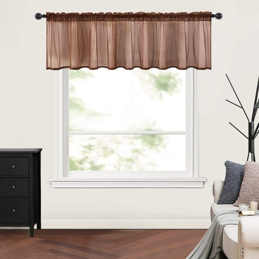MIULEE Chocolate Solid Kitchen Sheer Valance Linen Look Window Curtain,Living Room Windows Voile Valance Rod Pocket 1 Panel
