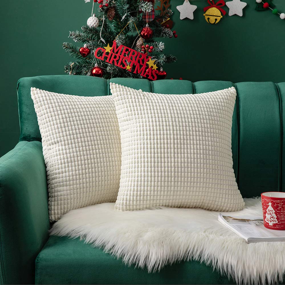 MIULEE Decorative Throw Pillow Covers Soft Corduroy Solid Cream White Cushion Case 2 Pack.