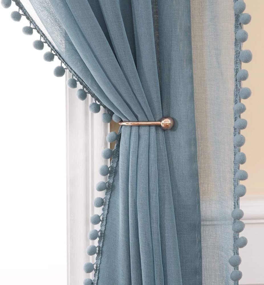 MIULEE Pom Pom Tasseled Sheer Window Curtains Grommet Top for Bedroom Semi Transparent Linen Curtain 2 Panels