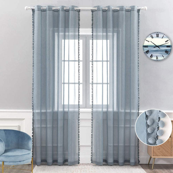 MIULEE Pom Pom Tasseled Sheer Window Curtains Grommet Top for Bedroom Semi Transparent Linen Curtain 2 Panels