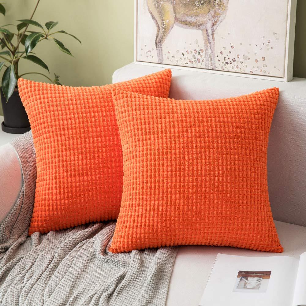MIULEE Decorative Throw Pillow Covers Soft Corduroy Solid Glow Orange Cushion Case 2 Pack.
