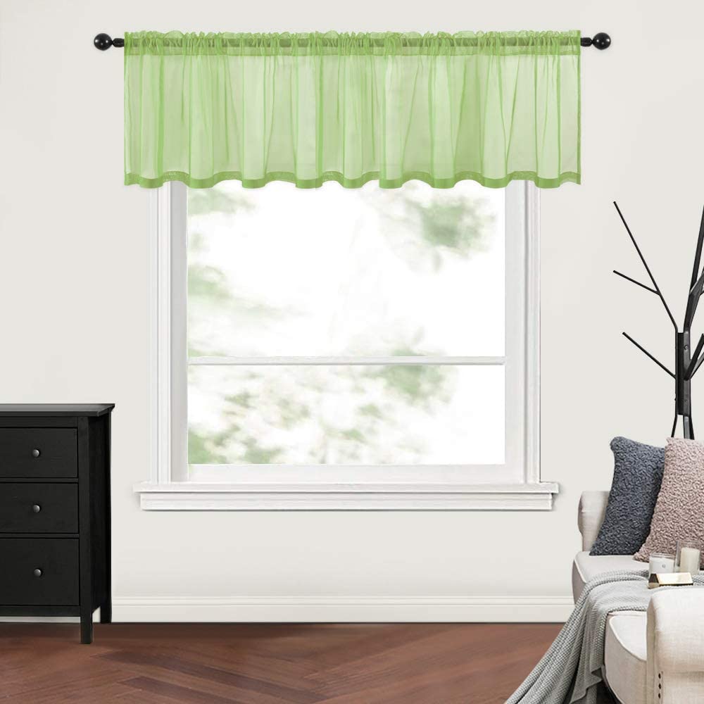 MIULEE Green Solid Kitchen Sheer Valance Linen Look Window Curtain,Living Room Windows Voile Valance Rod Pocket 1 Panel