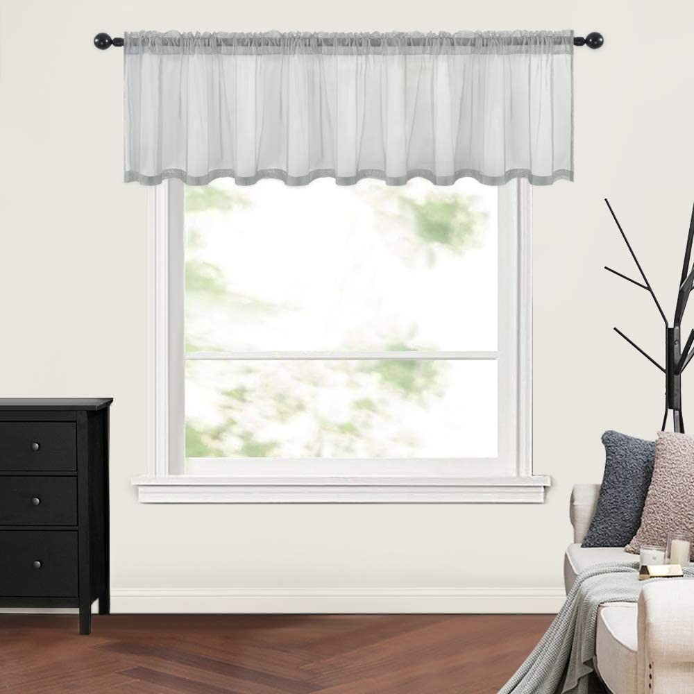 MIULEE Grey Solid Kitchen Sheer Valance Linen Look Window Curtain,Living Room Windows Voile Valance Rod Pocket 1 Panel