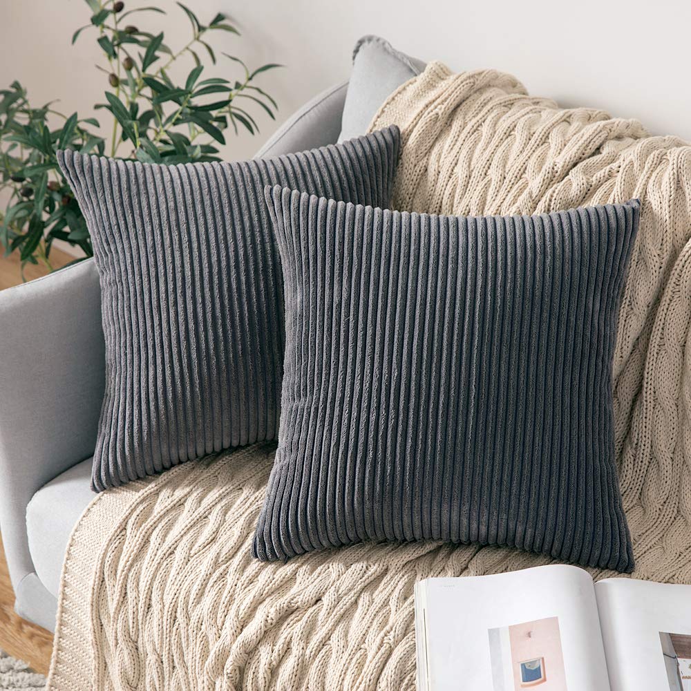 MIULEE Grey Throw Pillow Covers Corduroy Soft Soild Decorative Square Cushion Covers 2 Pack.