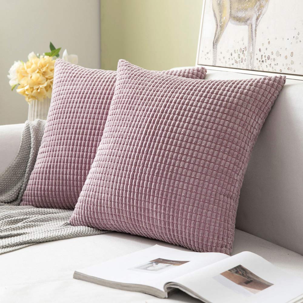 MIULEE Decorative Throw Pillow Covers Soft Corduroy Solid Heather Pink Cushion Case 2 Pack.