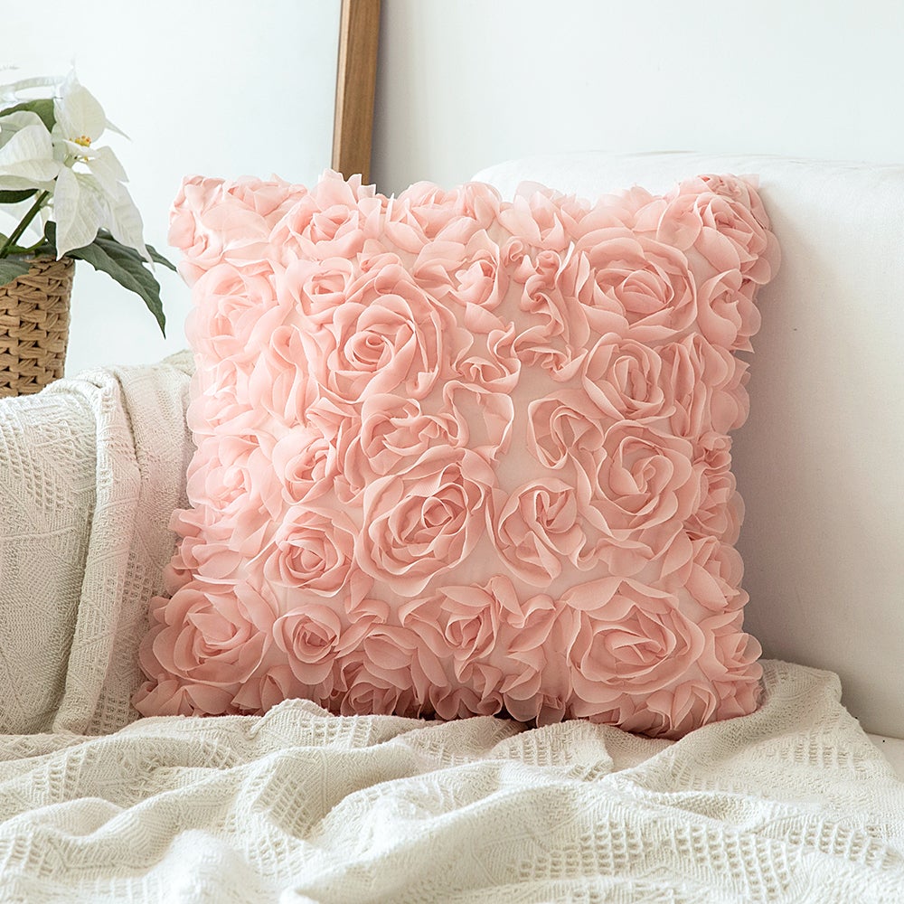 Miulee Giveaway 3D Decorative Romantic Stereo Chiffon Rose Flower Pillow Cover Solid Square Pillowcase 1 Pack