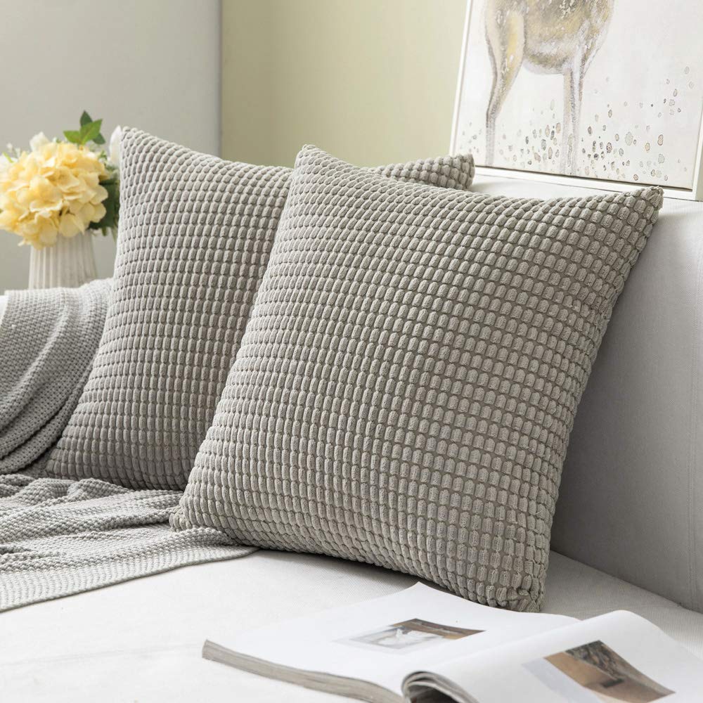 MIULEE Decorative Throw Pillow Covers Soft Corduroy Solid Light Grey Cushion Case 2 Pack.