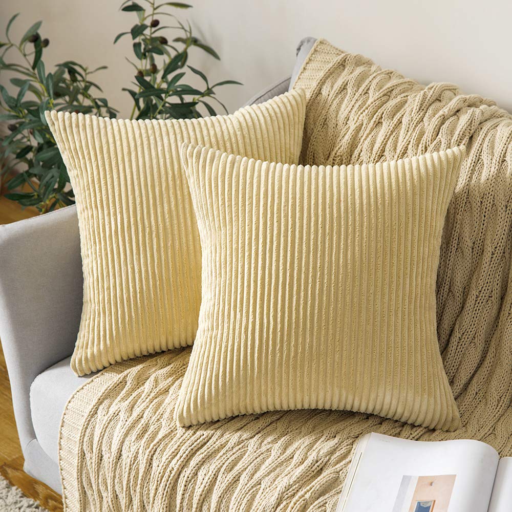 MIULEE Light Yellow Throw Pillow Covers Corduroy Soft Soild Decorative Square Cushion Covers 2 Pack.