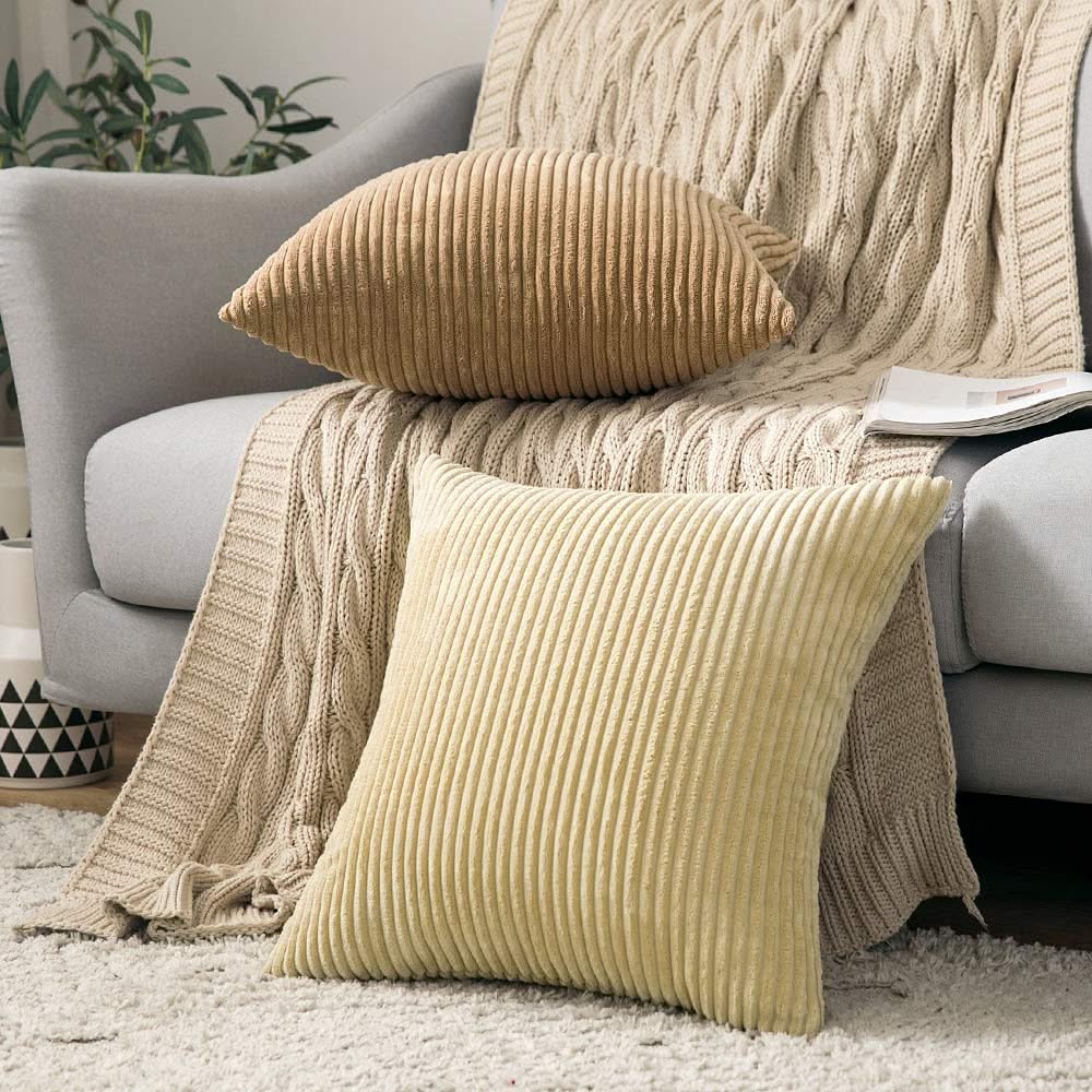 MIULEE Light Yellow Throw Pillow Covers Corduroy Soft Soild Decorative