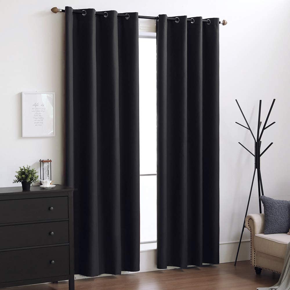 MIULEE 100% Blackout Curtains Black Thermal Insulated Solid Grommet Curtains/Drapes/Shades 2 Panels.
