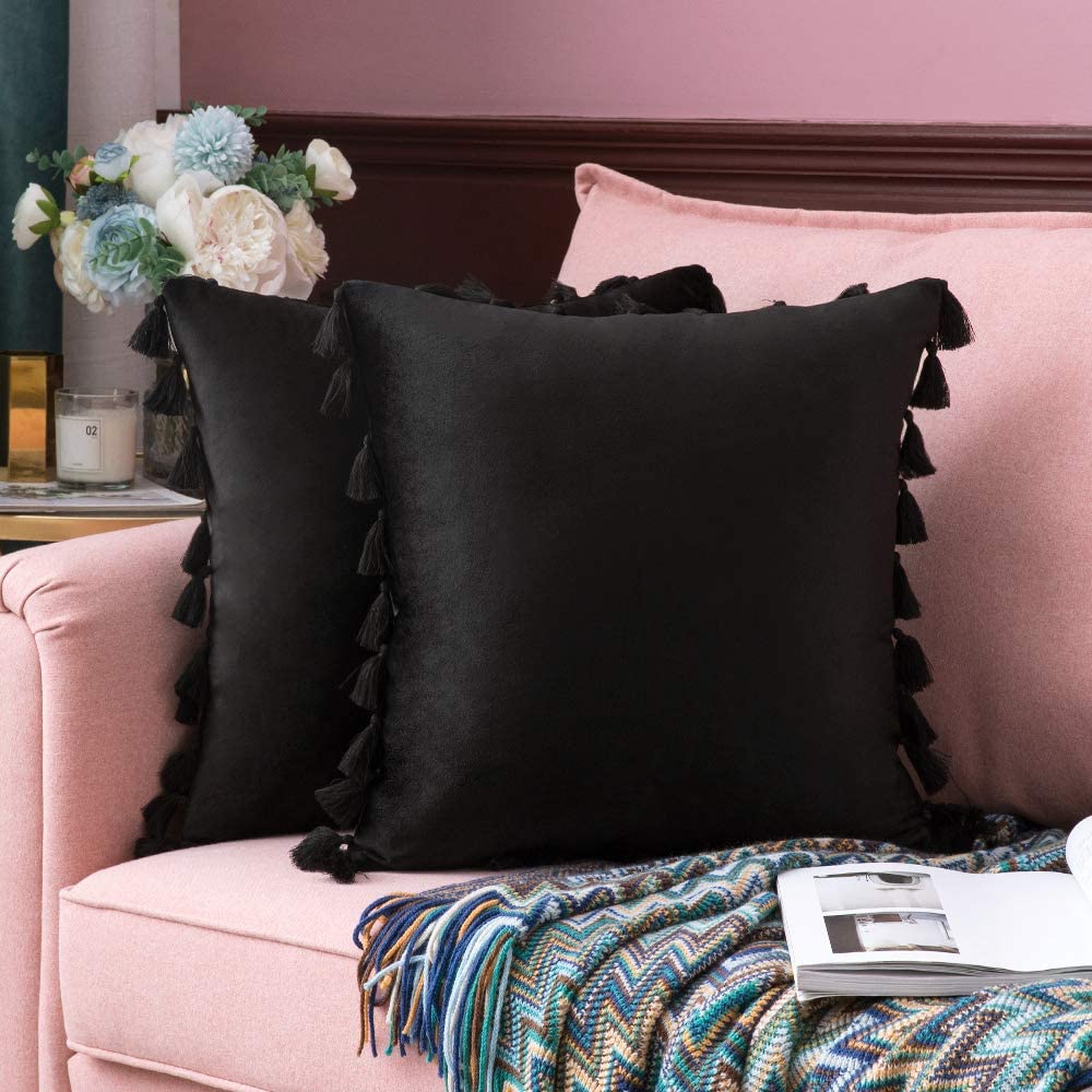 MIULEE Black Throw Pillow Cover with Tassels Fringe Velvet Soft Boho Accent  Cushion Case 2 Pack