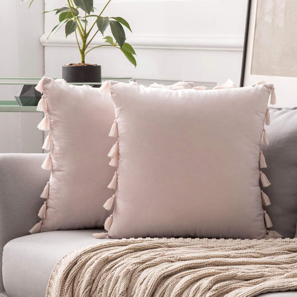 MIULEE Pink Throw Pillow Cover with Tassels Fringe Velvet Soft Boho Accent Cushion Case 2 Pack.