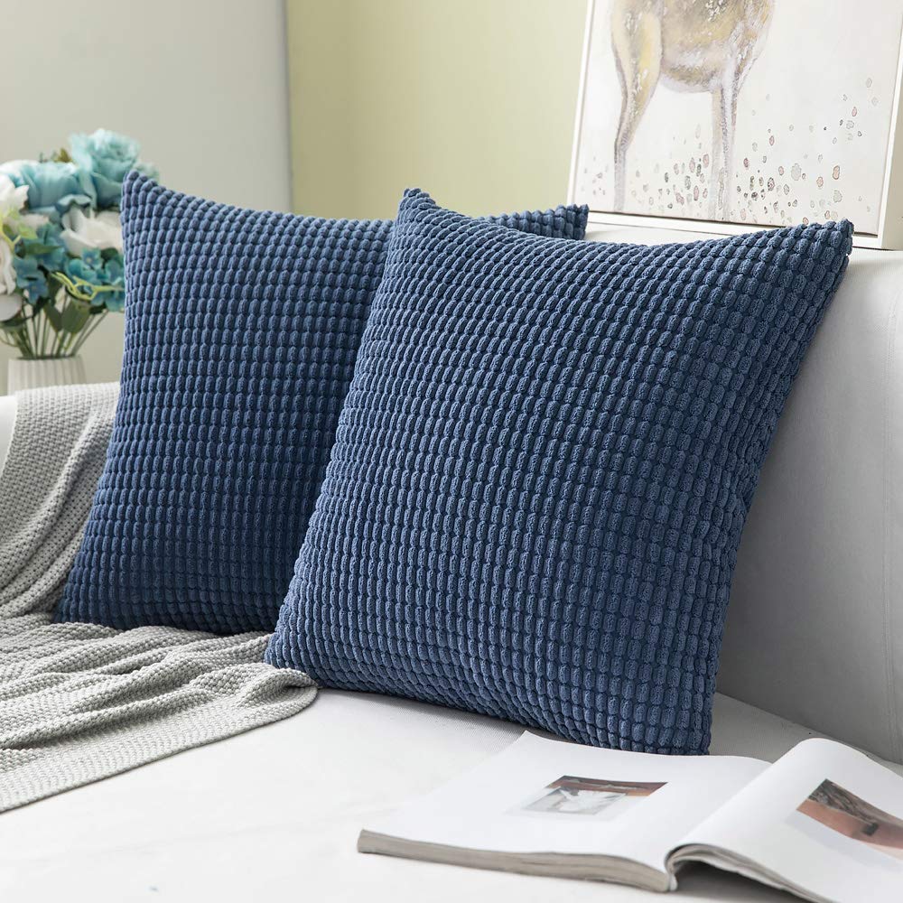MIULEE Decorative Throw Pillow Covers Soft Corduroy Solid Navy Blue Cushion Case 2 Pack.