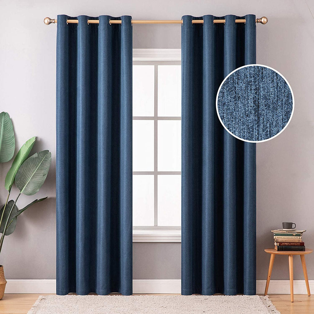 MIULEE Navy Blue Thermal Insulated Linen Curtain for Living Room Darkening Farmhouse Grommet 2 Panels