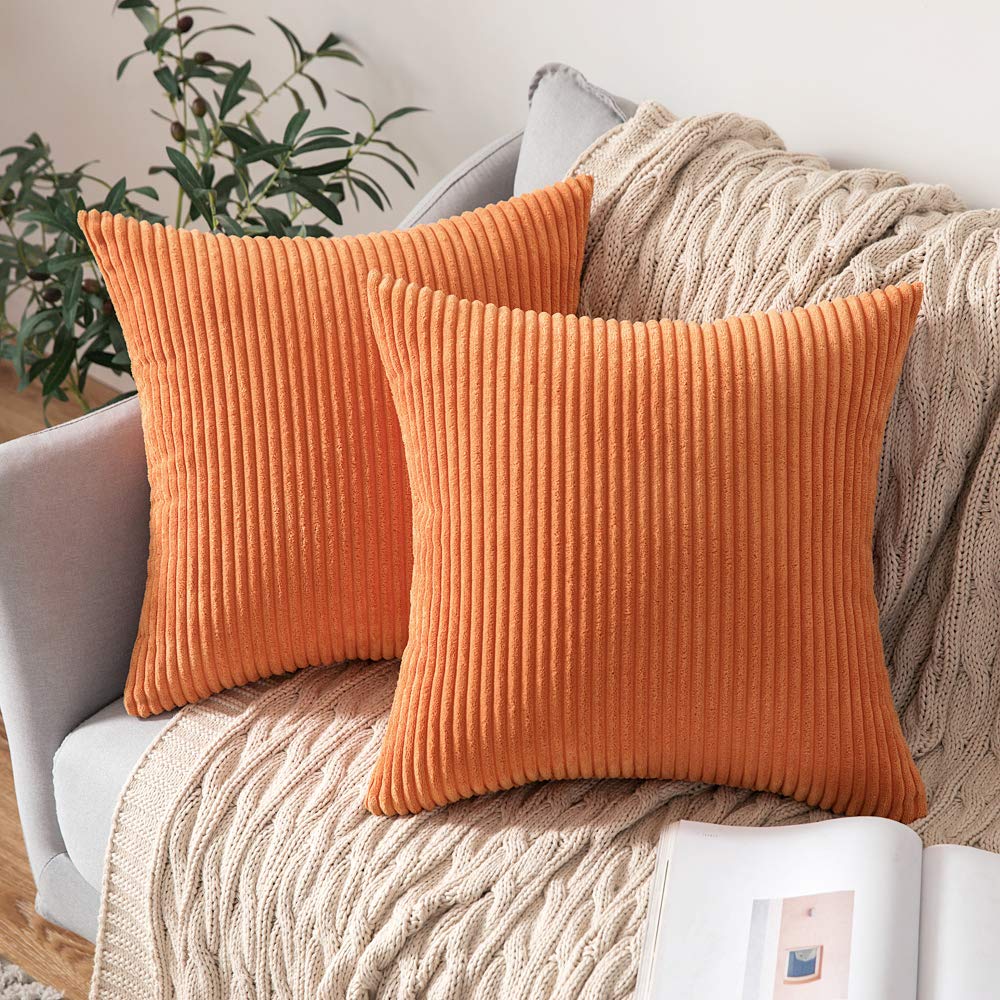 MIULEE Orange Throw Pillow Covers Corduroy Soft Soild Decorative Square Cushion Covers 2 Pack.