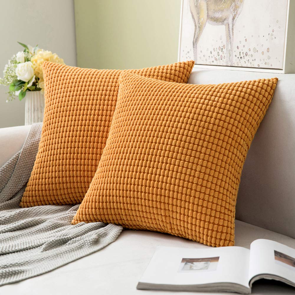 MIULEE Decorative Throw Pillow Covers Soft Corduroy Solid Orange Cushion Case 2 Pack.