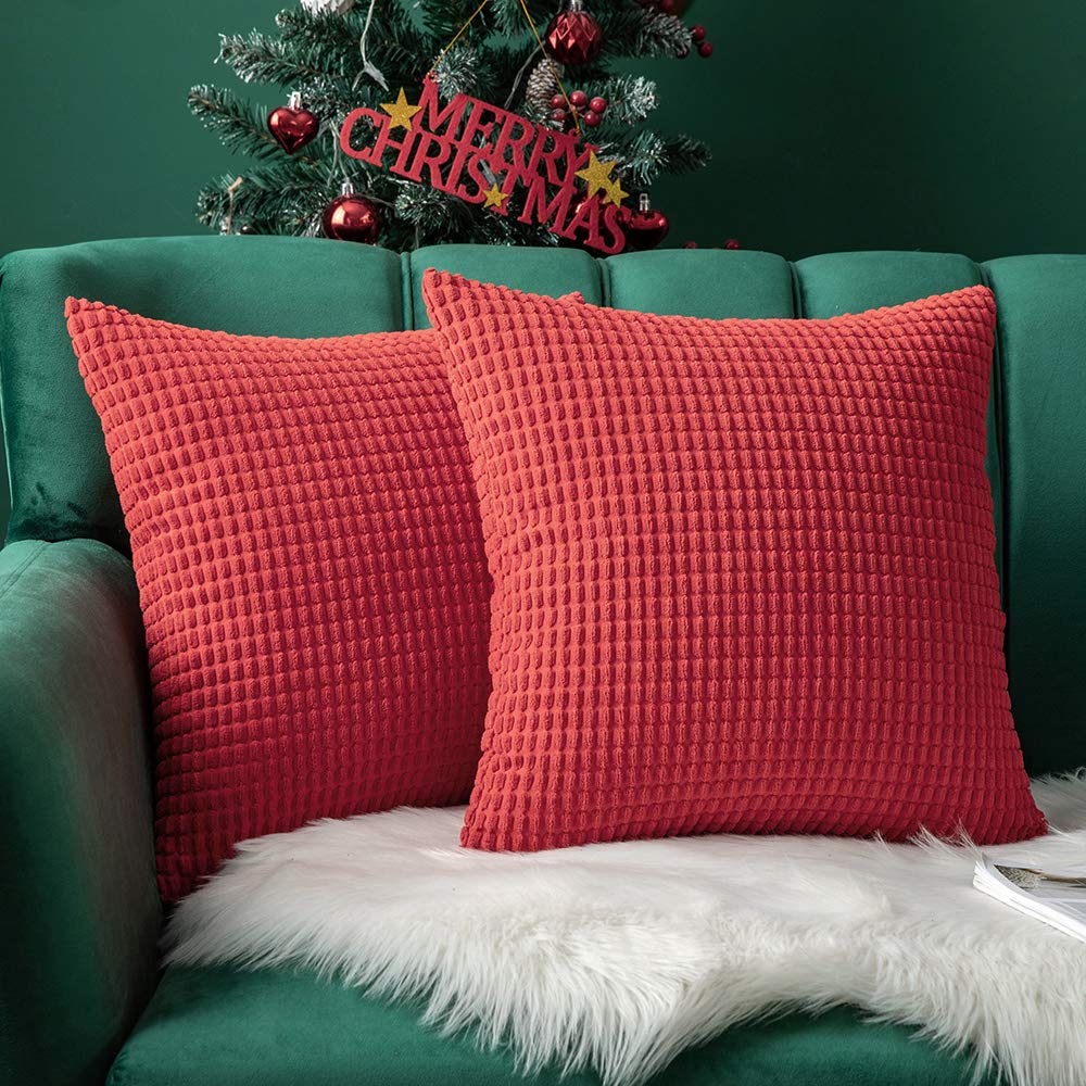 MIULEE Decorative Throw Pillow Covers Soft Corduroy Solid Orange Red Cushion Case 2 Pack.