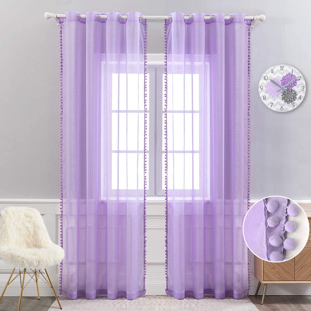 MIULEE Purple Pom Pom Tasseled Sheer Window Curtains Grommet Top for Bedroom Semi Transparent Linen Curtain 2 Panels