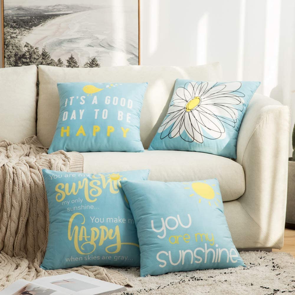 Miulee Decorative Cute Throw Pillow Covers Cheery Quote Words Bird Sunshine Flower Cushion Case Sham Pillowcases 4 Pack