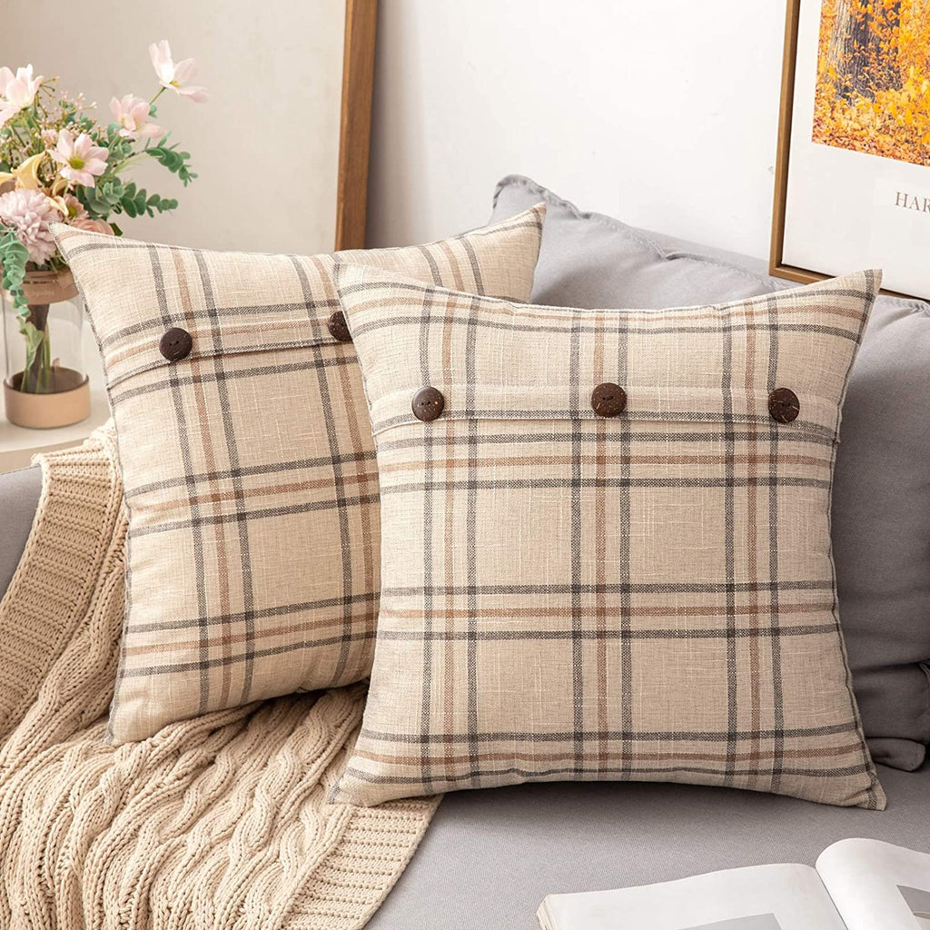 MIULEE Decorative Linen Throw Pillow Covers Triple Button Pillowcases Farmhouse Retro Plaid Cushion Cases for Couch Sofa 2 Pack