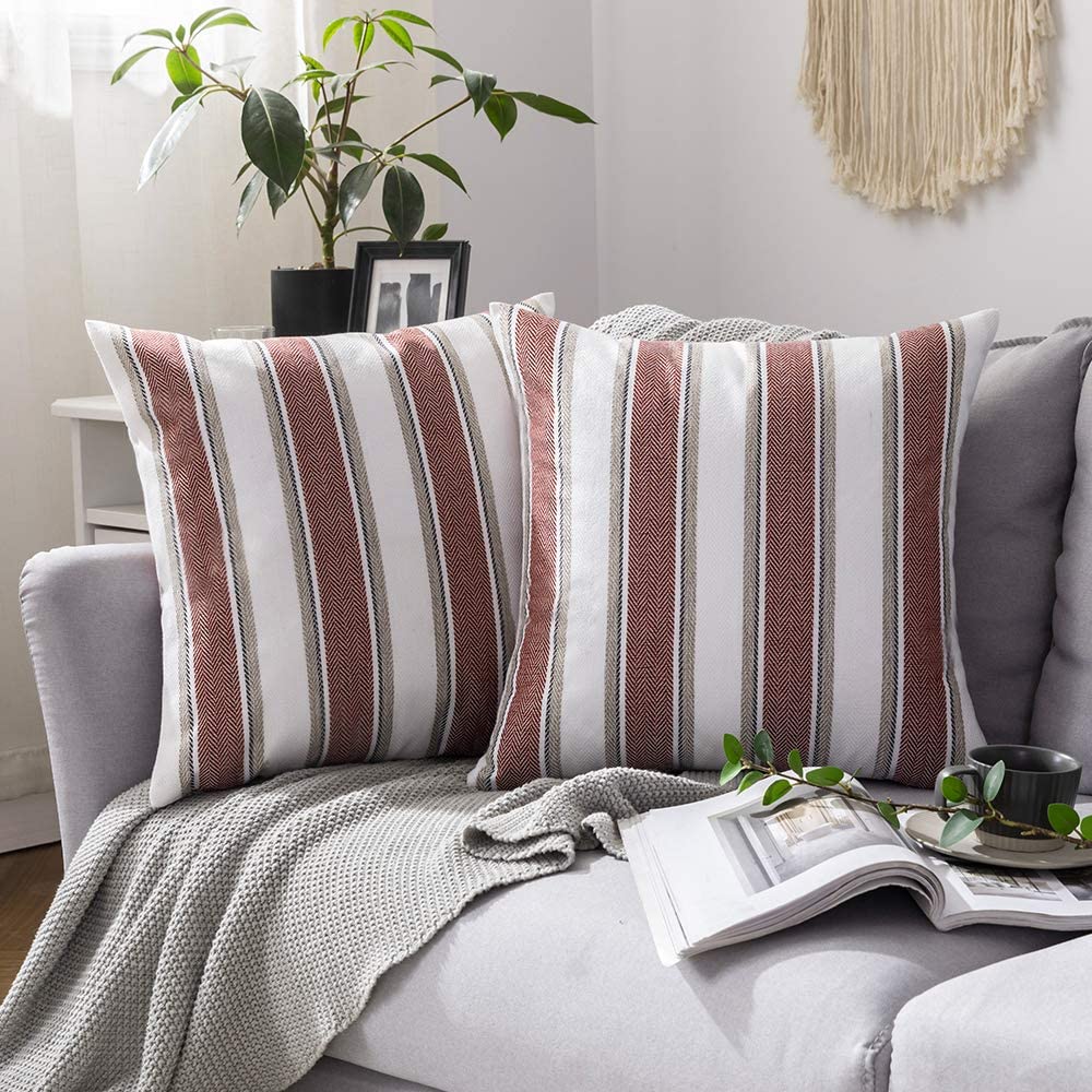 MIULEE Giveaway Wine Red-white Decorative Throw Pillow Covers Classic Farmhouse Style Linen Pillowcases Stripe Cushions Shams Covers with Zigzag Pattern for Sofa 2 Pack