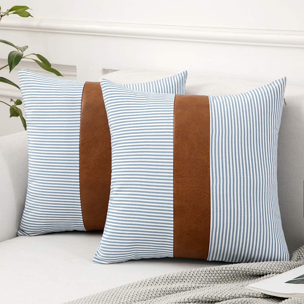 MIULEE Stripe Boho Throw Pillow Covers Decorative Square Farmhouse Pillowcase Faux Leather Accent Couch Case 2 Pack