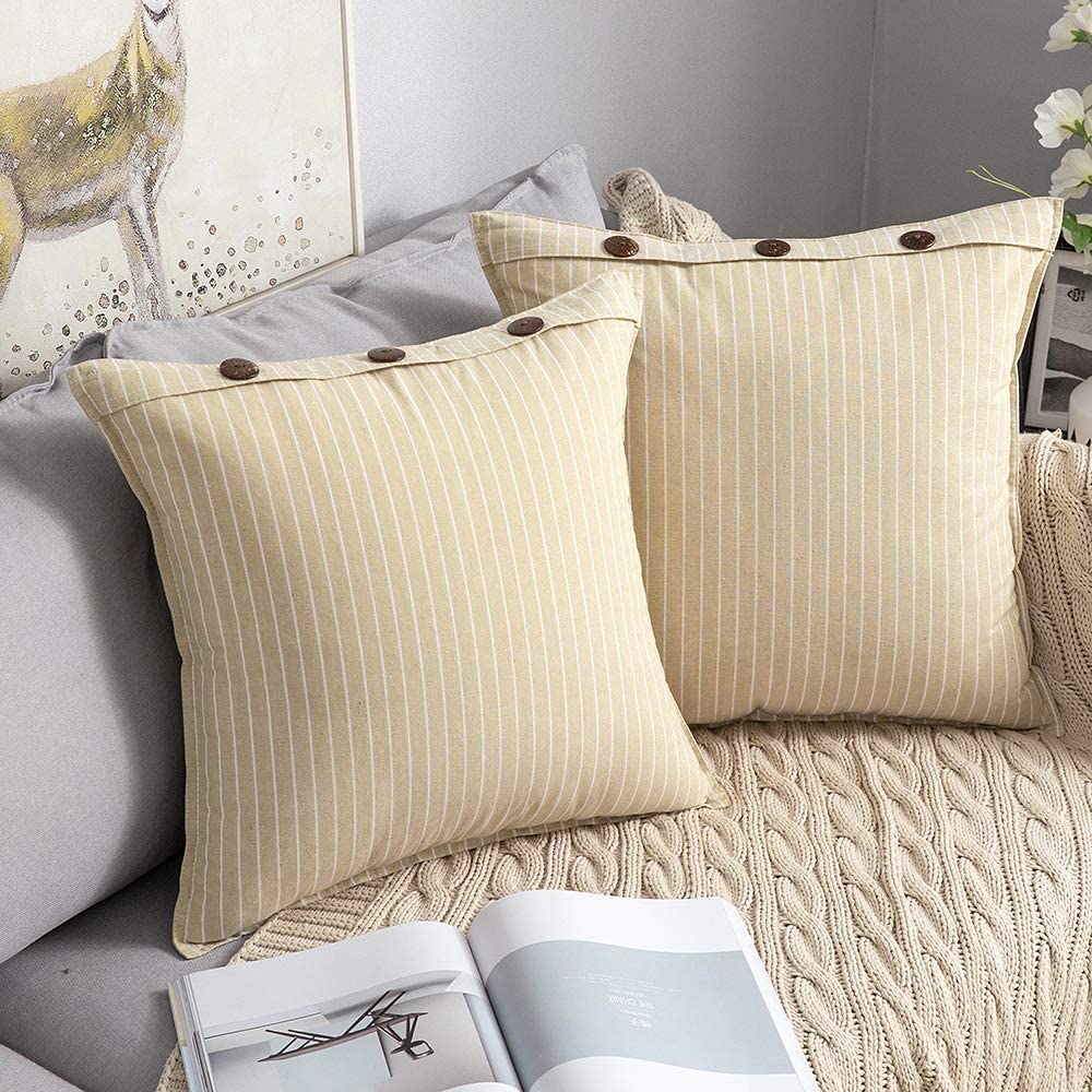 MIULEE Farmhouse Decorative Throw Pillow Covers Button Linen Pillowcases Modern Stripe Lumbar Cushion Case for Couch Sofa Bedroom 2 Pack