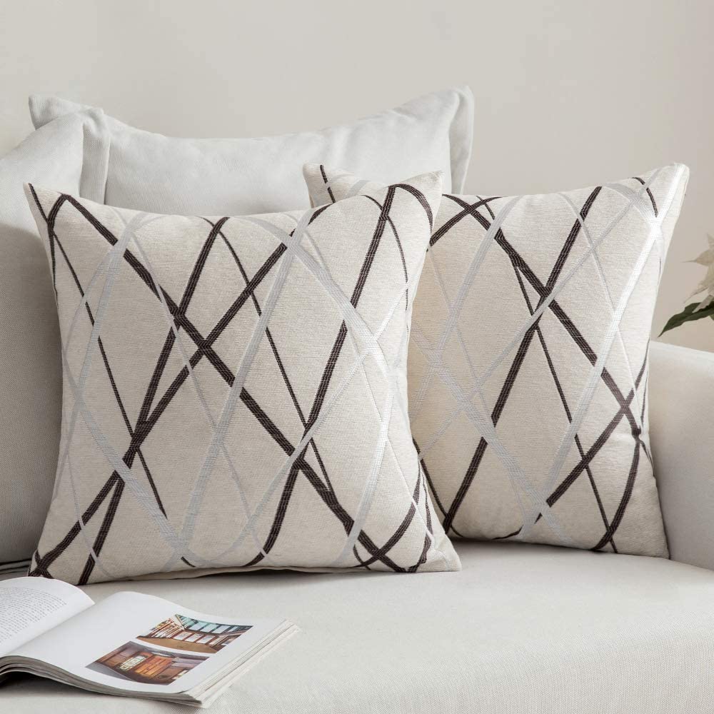 MIULEE Decorative Throw Pillow Covers Woven Textured Chenille Cozy Modern Concise Soft Light Tan Square Cushion 2 Pack
