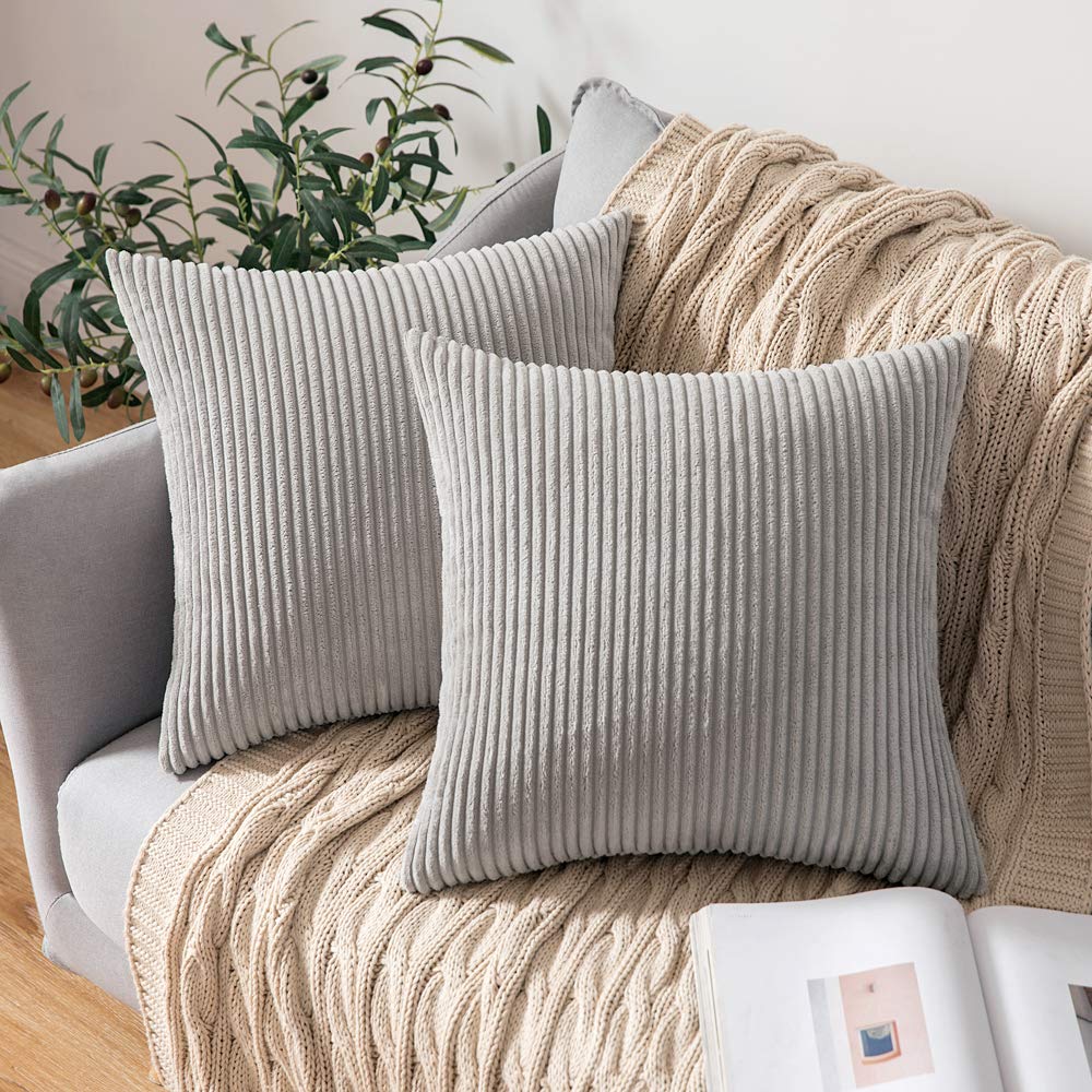 MIULEE Silver Grey Throw Pillow Covers Corduroy Soft Soild Decorative Square Cushion Covers 2 Pack.