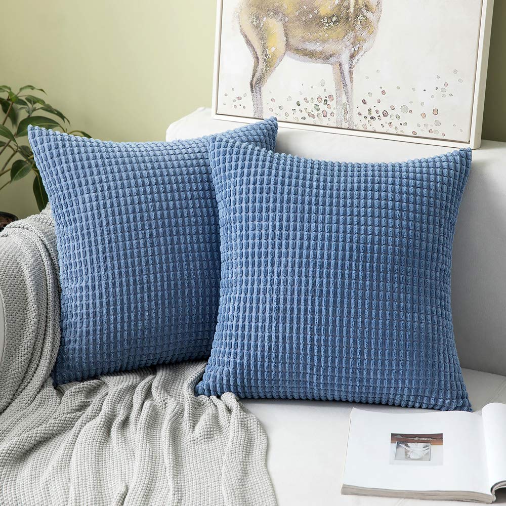 MIULEE Decorative Throw Pillow Covers Soft Corduroy Solid Smoky Blue Cushion Case 2 Pack.