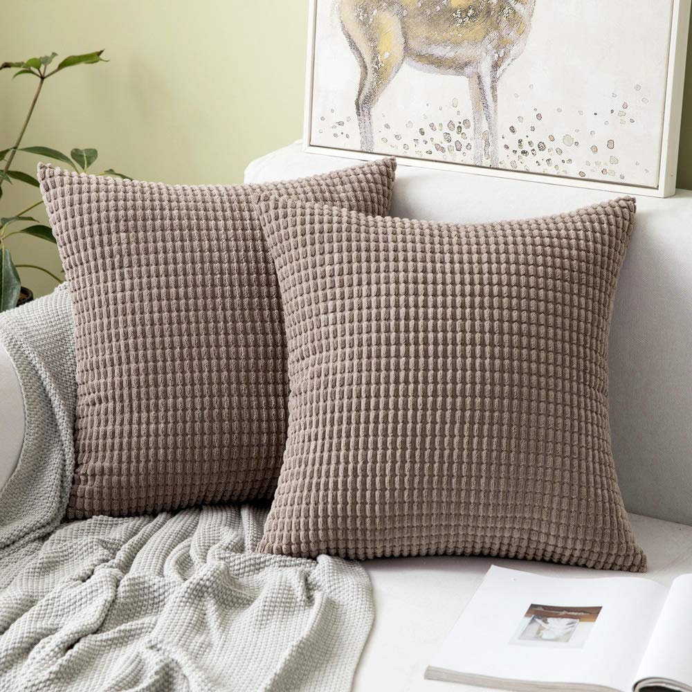MIULEE Decorative Throw Pillow Covers Soft Corduroy Solid Taupe Cushion Case 2 Pack.