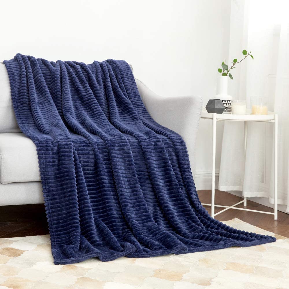 MIULEE Navy Blue Fluffy Throw Blanket Soft Fleece Stripes Pattern Blanket 1 Pack.