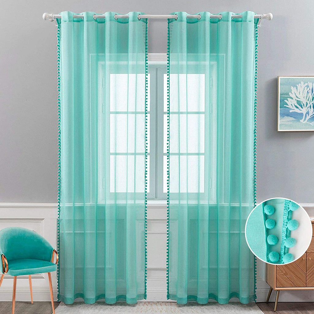 MIULEE Turquoise Pom Pom Tasseled Sheer Window Curtains Grommet Top for Bedroom Semi Transparent Linen Curtain 2 Panels