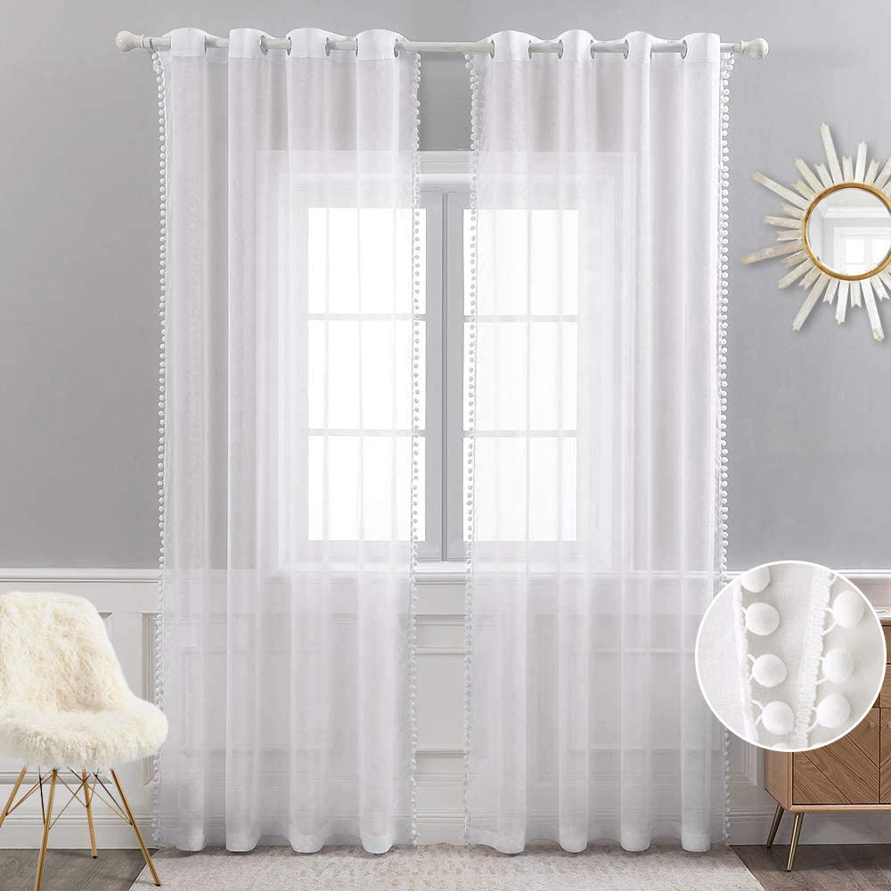 MIULEE White Pom Pom Tasseled Sheer Window Curtains Grommet Top for Bedroom Semi Transparent Linen Curtain 2 Panels