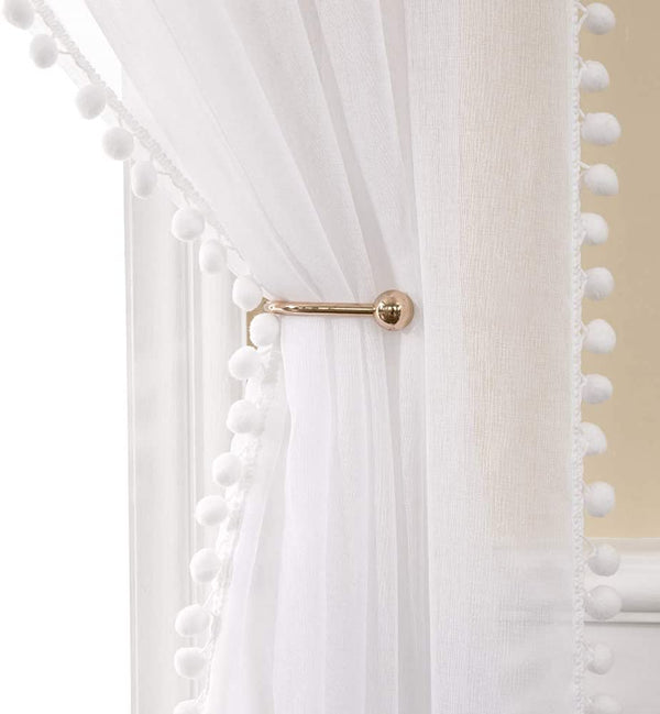 MIULEE White Pom Pom Tasseled Sheer Window Curtains Grommet Top for Bedroom Semi Transparent Linen Curtain 2 Panels