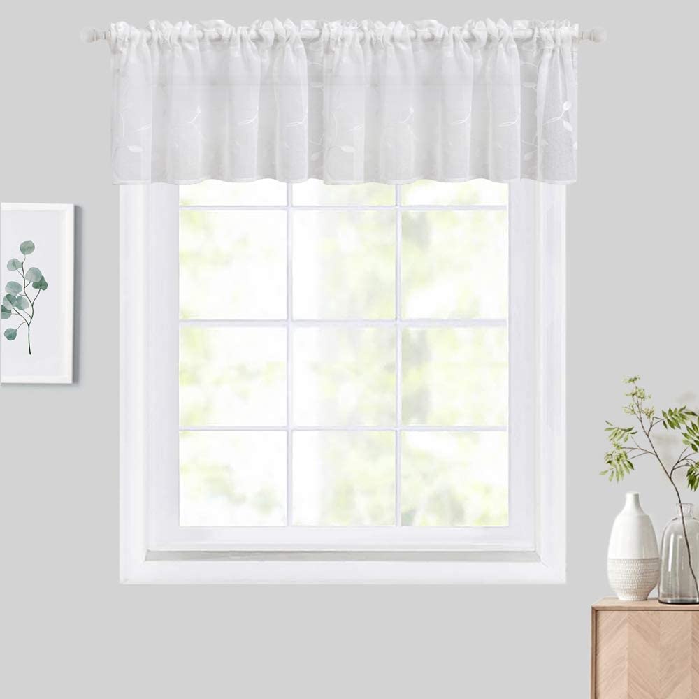 MIULEE White Kitchen Window Curtain Valance Embroidered Semi Sheer Small Windows Rod Pocket Panels for Basement 1 Panel