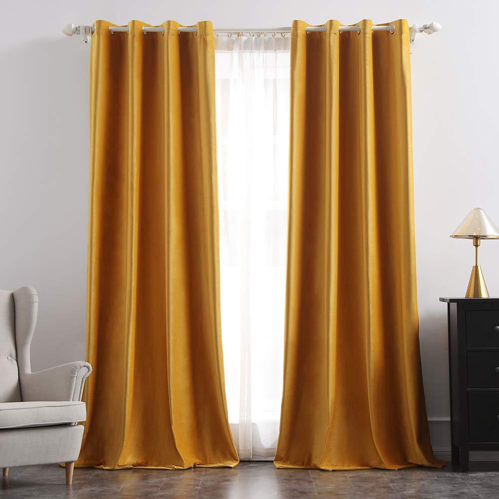MIULEE Yellow Blackout Velvet Curtains Solid Soft Grommet Thermal Room Darkening Curtains Drapes 2 Panels.